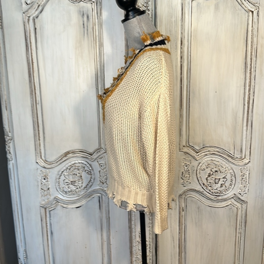 Elan Deep V Neck Distressed Preppy Open Knit Gold Black Cream Pullover Sweater - Picture 8 of 13